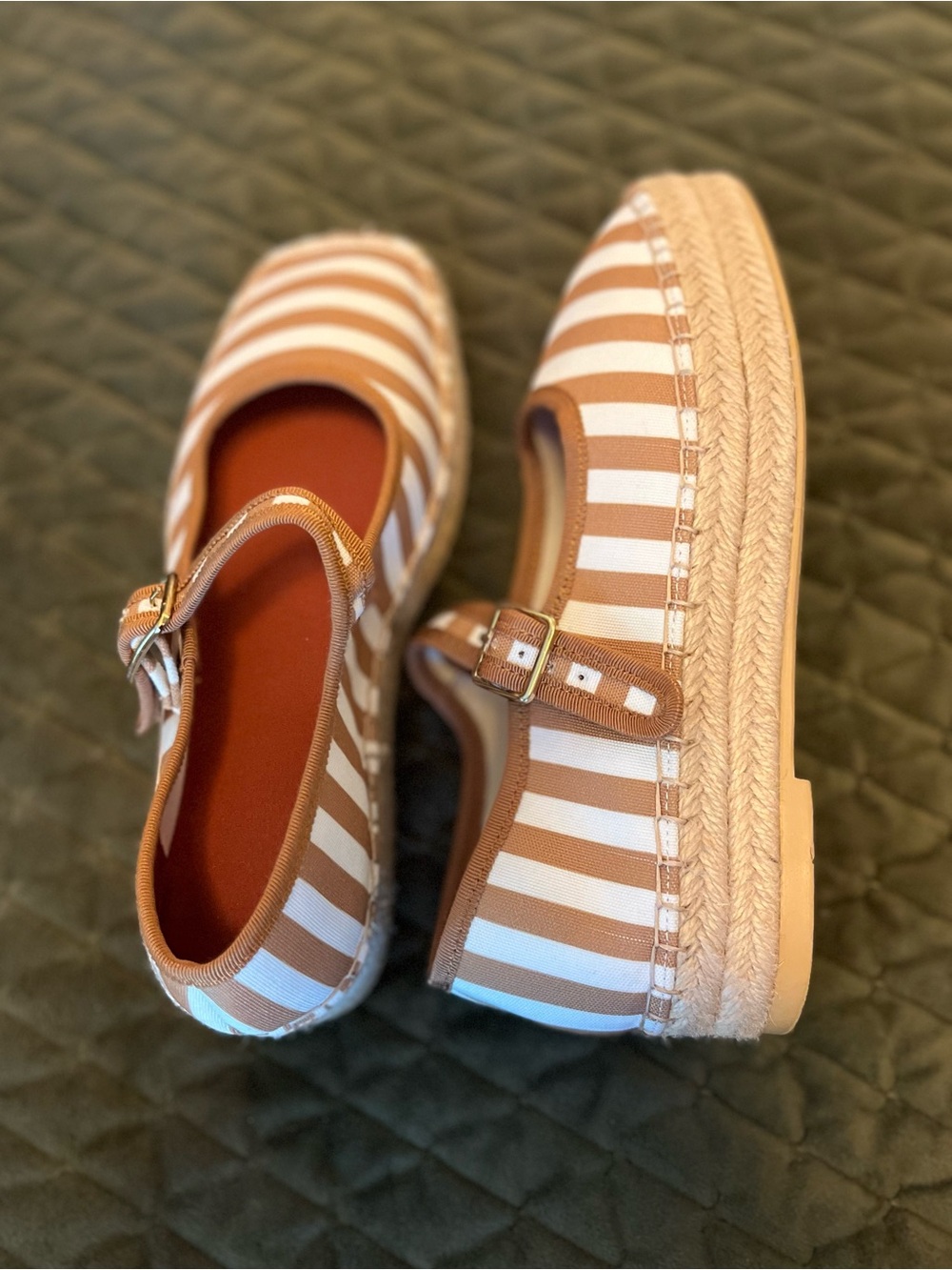 Striped Mary Jane Espadrille Flats in Tan and White